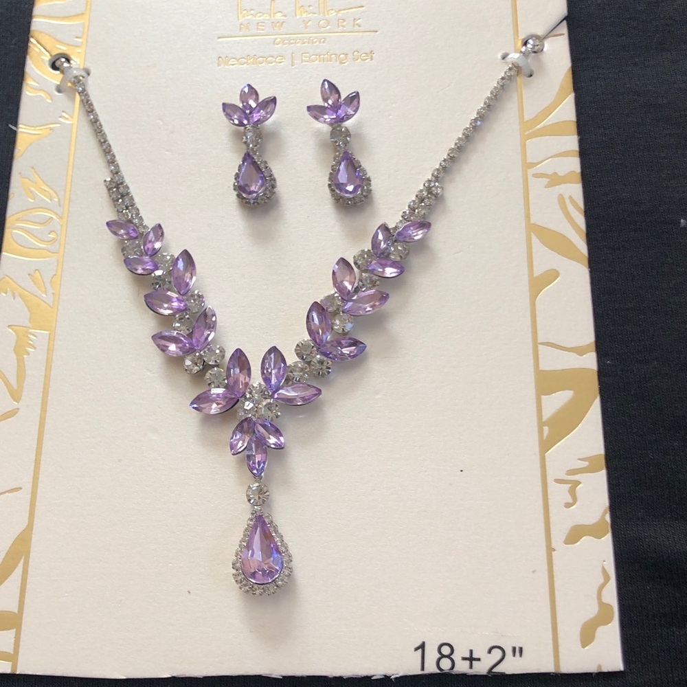 Lavender Teardrop Crystal Necklace and Earring Set - Women Jewelry